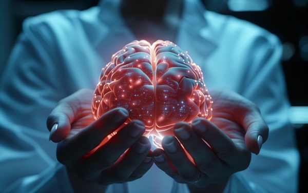 A close-up exploration of a scientist's hands delicately cradling a glowing brain hologram in a cutting-edge data center, symbolizing the forefront of advanced neurology research and technology.
