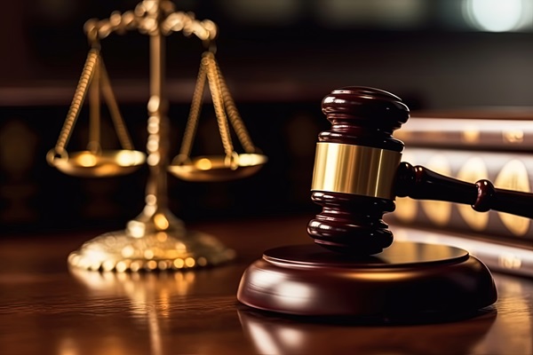 Close-up of a wooden gavel resting on a desk with scales of justice in the background.