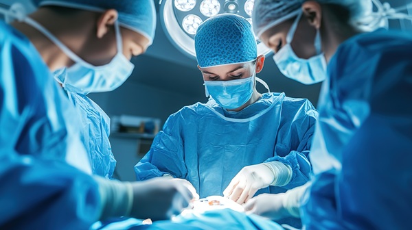 A team of three surgeons in blue scrubs, masks, and caps performing a procedure under bright surgical lights in an operating room.