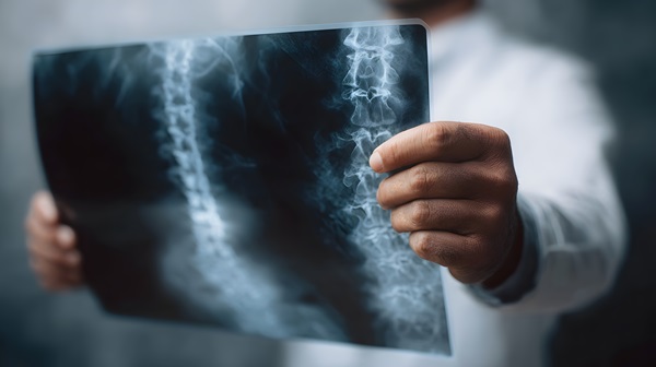A healthcare professional holding up a detailed X-ray of a human spine for examination.