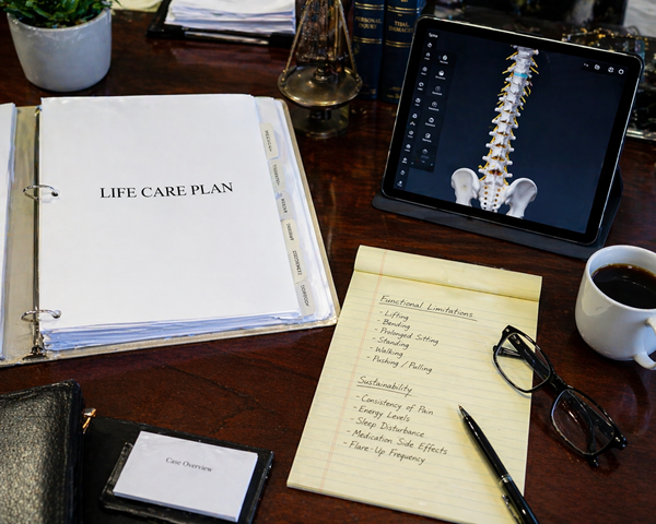 A professional workspace featuring a "Life Care Plan" binder and a notepad listing functional limitations like lifting and standing, alongside a tablet displaying a 3D spinal model, illustrating the detailed documentation used by rehabilitation specialists in long-term disability cases.