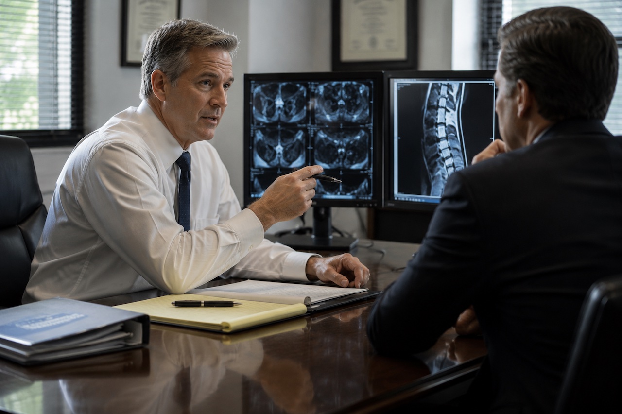 A doctor points to a spine MRI on a monitor while discussing results with a man in a suit across a professional office desk.