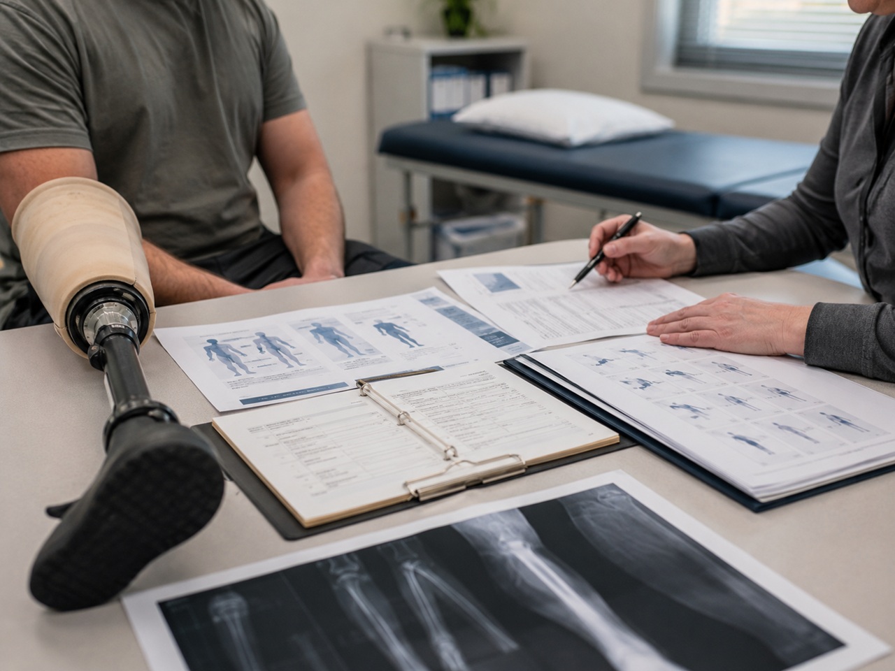 A person with a prosthetic right leg sits across a desk from a medical or legal professional who is reviewing medical charts, diagnostic diagrams, and X-ray films in an examination room setting.