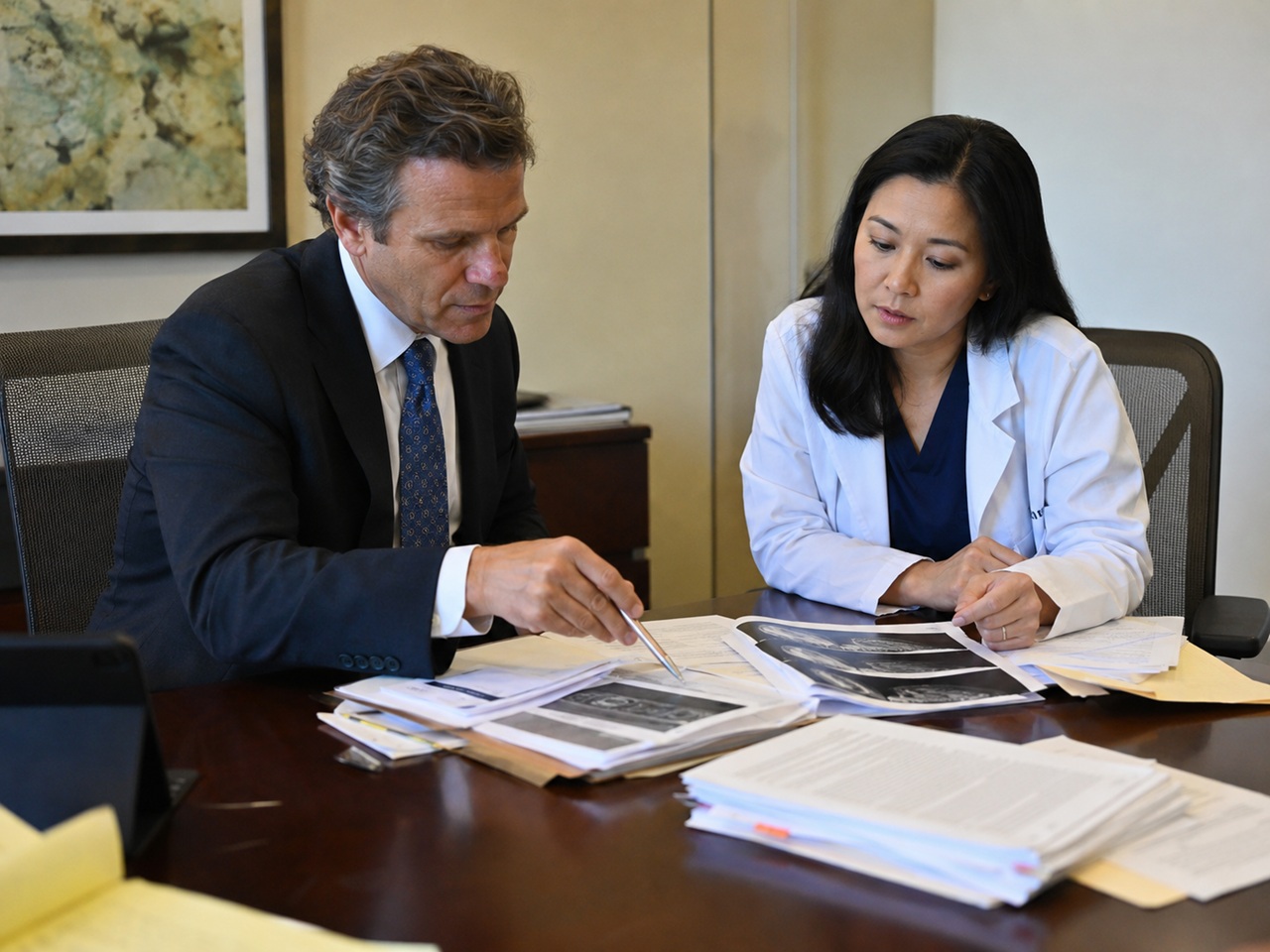 An attorney in a suit and a physician in a white lab coat sit together at a conference table reviewing medical imaging films and case documents, depicting the expert witness consultation process in a medical malpractice lawsuit.
