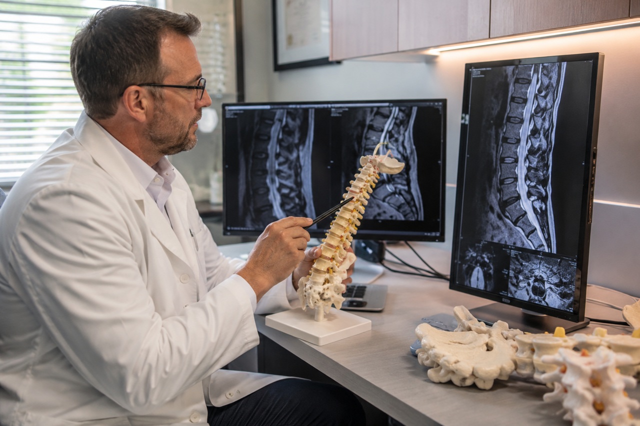 An orthopedic physician examining a spine model alongside spinal MRI scans on his office monitors, illustrating the medical expertise attorneys seek when choosing an orthopedic expert witness.